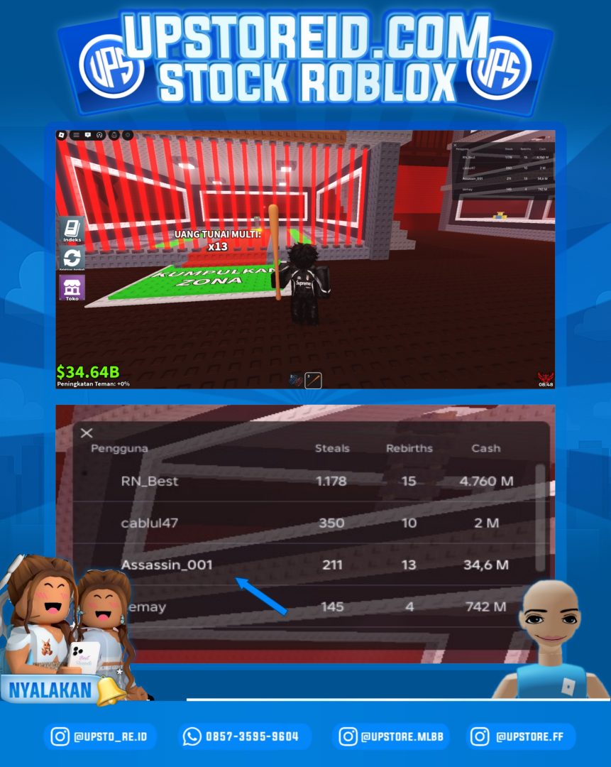RBX008 -   $34.64B, REBIRT 13, STEAL 211, ISIAN AKUN LUMAYAN BANYAK | ROBLOX STEAL A BRAINROT - Product Image