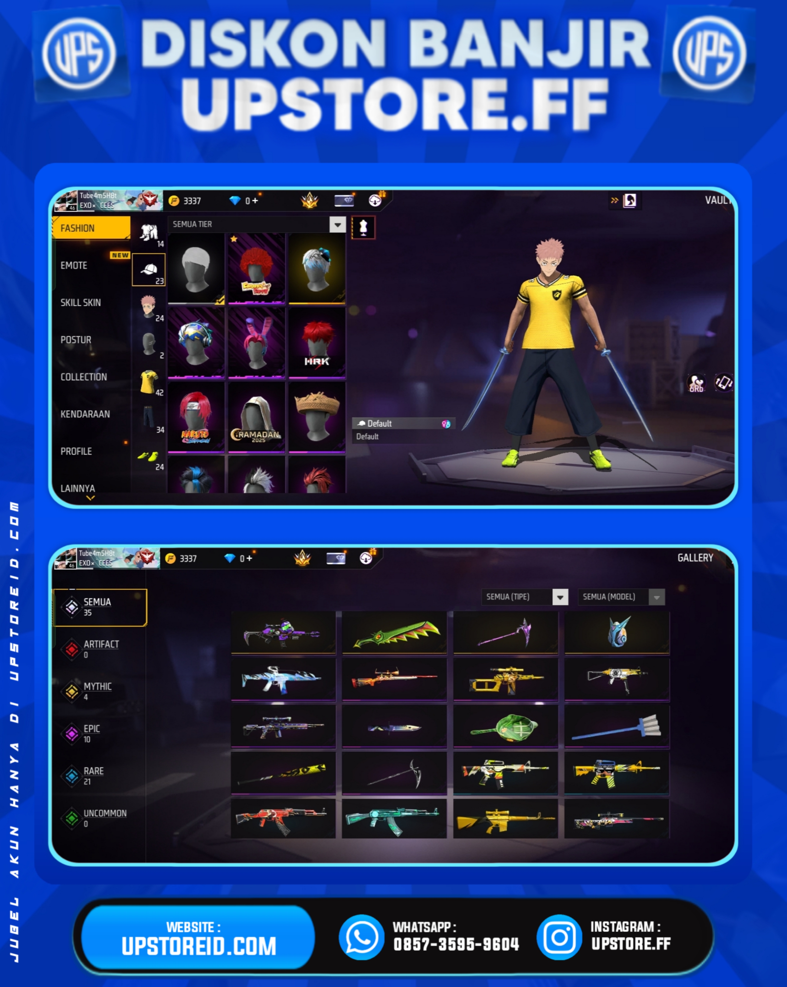 F816 - VAULT 50+, WEAPON 35 | BUNDLE ARTIC BLUE, SEPATU KUNING, INCU WEAPON ON, DLL | FREE FIRE - Product Image