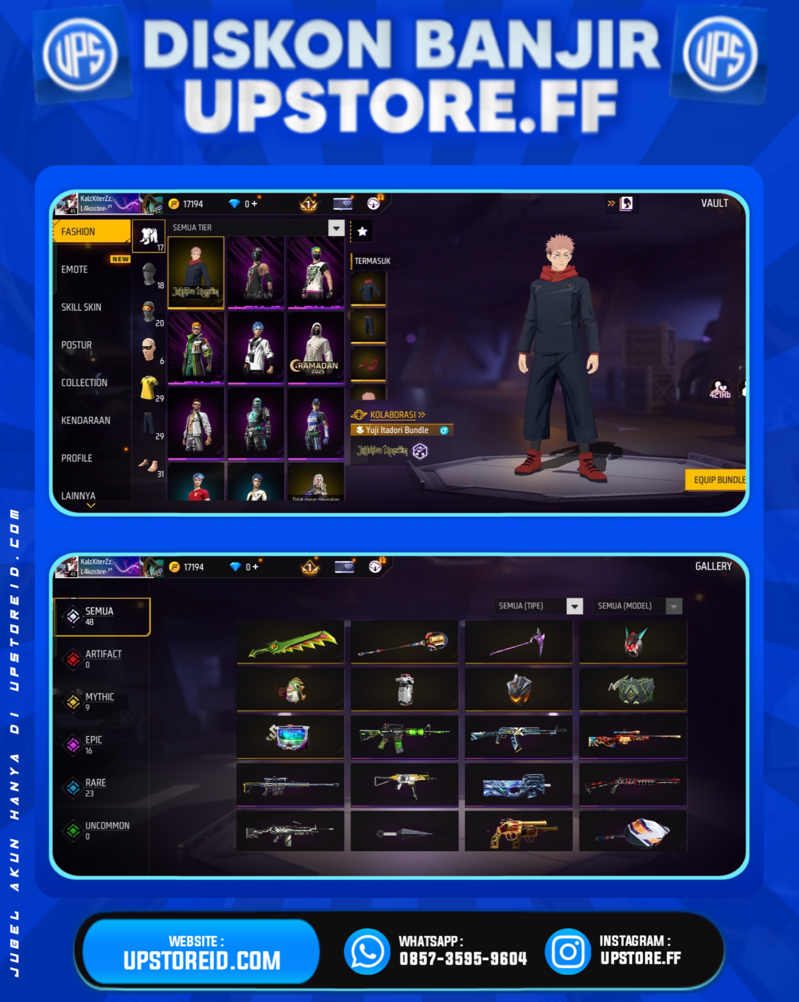 F817 - VAULT 50+, WEAPON 48 | BUNDLE SAITAMA ON, BAJU BOLA ON, DLL | FREE FIRE - Product Image