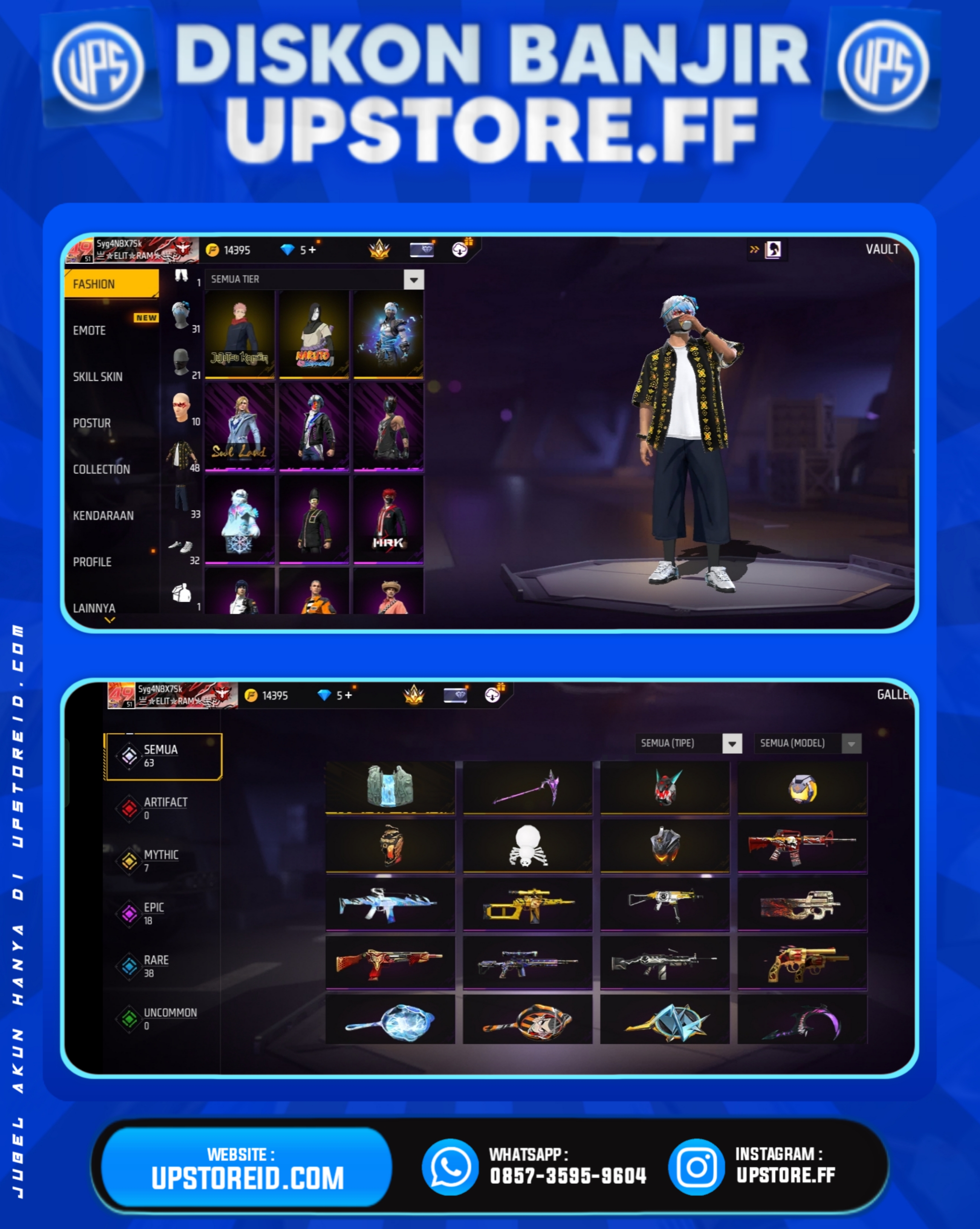 F819 - VAULT 60+, WEAPON 63, | SET ARTIC BLUE ON, SET JUJUTSU KAISEN ON, SCAR INCU PARADISE DLL | FREE FIRE - Product Image